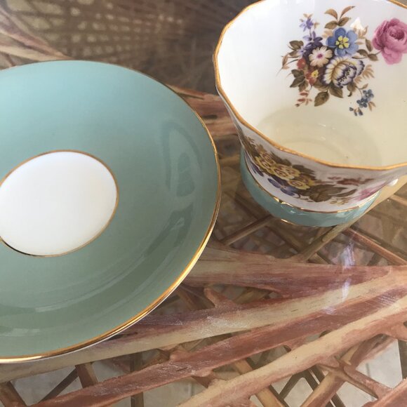 AYNSLEY RARE TEA CUP & SAUCER TEAL COLOR GOLD RIM - Picture 5 of 8